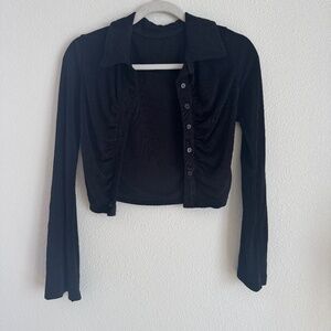 Black button down shiny blouse